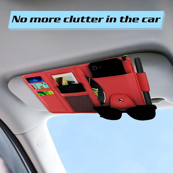Car Sun Visor Organizer, Leather Pocket Organizer Sunglass Holder for Car Interior Accessories with Multi-Pocket Net Zipper (Red)
