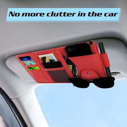 Car Sun Visor Organizer, Leather Pocket Organizer Sunglass Holder for Car Interior Accessories with Multi-Pocket Net Zipper (Red)