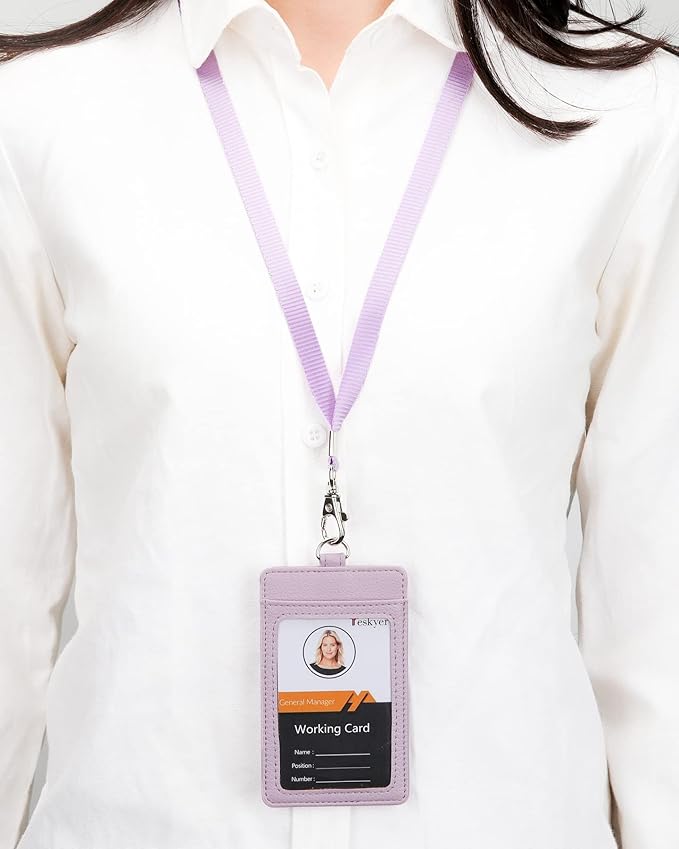 Teskyer Badge Holder with Lanyard, Leather ID Name Badge Card Holder with Lanyard for ID Badges, Vertical, Lychee Pattern Lilac