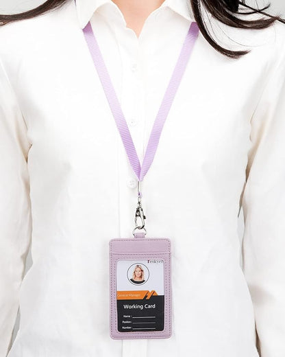 Teskyer Badge Holder with Lanyard, Leather ID Name Badge Card Holder with Lanyard for ID Badges, Vertical, Lychee Pattern Lilac