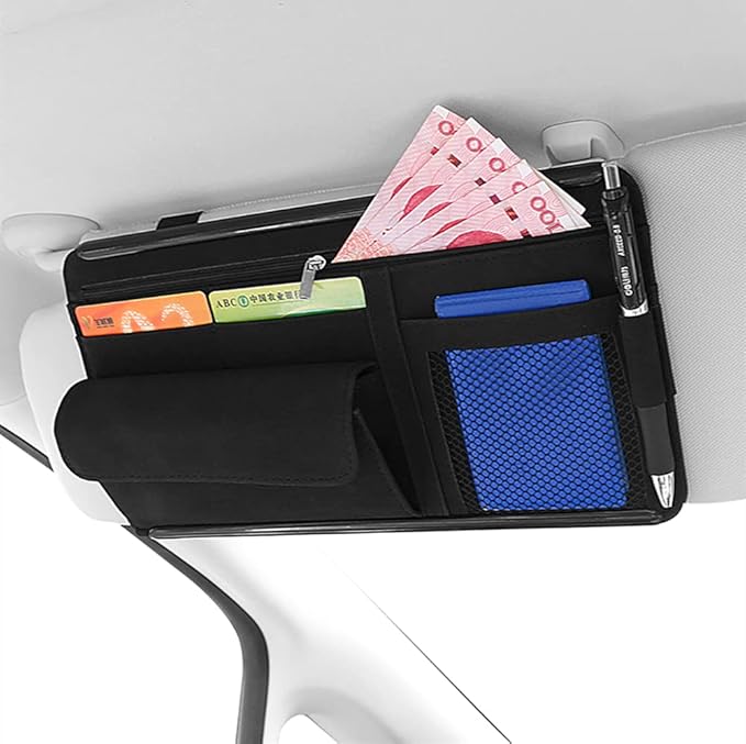 Car Sun Visor Organizer Glasses Case Storage Bag Note Holder Car Suede Zipper Card Hold Car Organizers and Storage (Black)