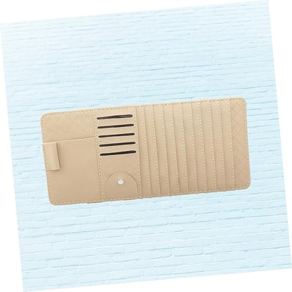 PRETYZOOM Multi Functional Sun Visor Organizer Bag for Car Leather CD Holder Pen Card Storage Stylish Beige Design for Vehicle Interior