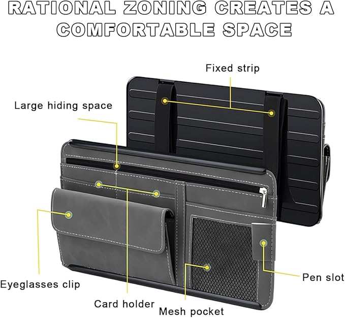 Car Sun Visor Organizer, Soft Leather Vehicle Sunshade Glasses Storage Bag with Net Zipper, Automotive Multi-Pocket Organizer for Drive License Card Glasses Document (Brown)
