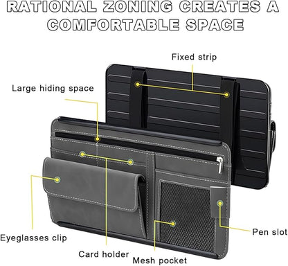 Car Sun Visor Organizer, Soft Leather Vehicle Sunshade Glasses Storage Bag with Net Zipper, Automotive Multi-Pocket Organizer for Drive License Card Glasses Document (Black)