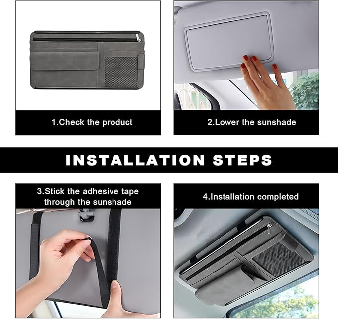 Car Sun Visor Organizer, Soft Leather Vehicle Sunshade Glasses Storage Bag with Net Zipper, Automotive Multi-Pocket Organizer for Drive License Card Glasses Document (Gray)
