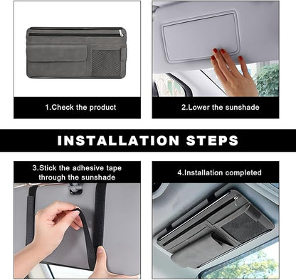 Car Sun Visor Organizer, Soft Leather Vehicle Sunshade Glasses Storage Bag with Net Zipper, Automotive Multi-Pocket Organizer for Drive License Card Glasses Document (Gray)