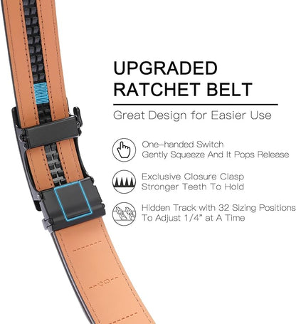SENDEFN Men's Leather Belt Automatic Ratchet Buckle Slide Belt for Dress Casual Trim to Fit with Gift Box