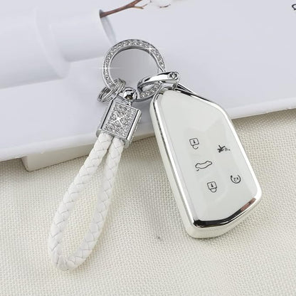 PIFOOG Key Fob Cover for VW Volkswagen ID4 Golf GTI R 2022 2023 Accessories TPU 5 Buttons Car Keys Case Shell Protector Bling Keychain Girly Women White Silver