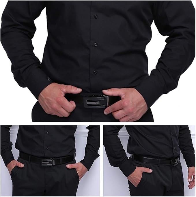 JINIU Men's Ratchet Belt Buckle, Black Genuine Leather Slide Belt for Men Dress Suit, Micro Adjustable Trim to Fit Boxed