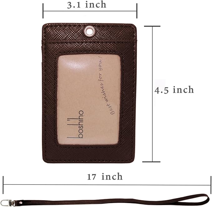 Boshiho Vertical Style Leather ID Card Badge Holder with Heavy Duty Lanyard (Brown 2)