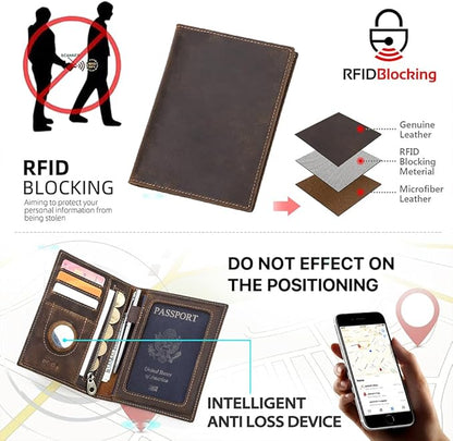 CONTACTS Full Grain Leather Passport Holder RFID Blocking Travel Passport Wallet Compatible with Airtag Passport Case Handmade with 4 Cards Slots, Coin Pocket (Brown)