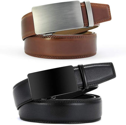 DOOPAI Men's 2 Pack Ratchet Dress Belt - Adjustable 1 3/8" Genuine Leather, Size Length Can Be Cut, With Gift Box