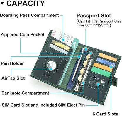 CONTACTS Full Grain Leather Passport Holder Compatible with Airtag RFID Blocking Passport Wallet for Men Travel Passport Cover with SIM Card Removal Tool (Badge, Green)