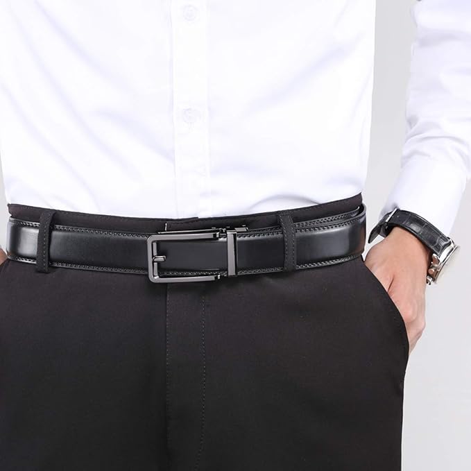 Founders & C Men's Leather Ratchet Comfort Click Belt Dress with Slide Buckle -Adjustable Trim to Fit