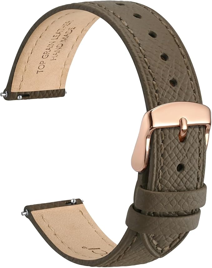 WOCCI 18mm Grace Leather Watch Band for Ladies, Top Grain Leather, Quick Release Replacement Strap with Rose Gold Buckle (Elephant Grey)