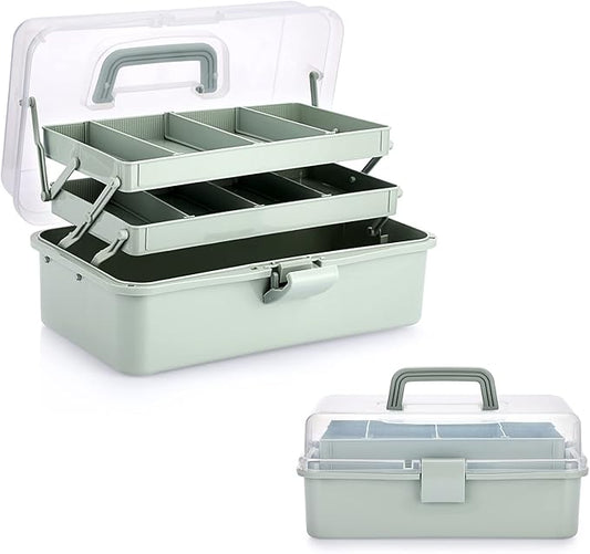 BTSKY 3-Layer Plastic Dividing Storage Box Craft Organizer and Storage with Adjustable Spacers Portable Handled Art Supply Organizer Multipurpose Home Utility Box for Medicine Sewing(Haze Green)