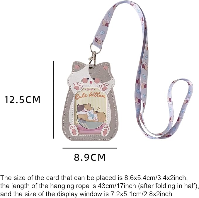 Cute Cat Badge Holder Lanyard Cartoon Kitten ID Card Holder Kawaii ID Badge Keys Lanyard Strap Neck Lanyard PU Leather Badge Holder for Women Girls Boys (Cat-2)