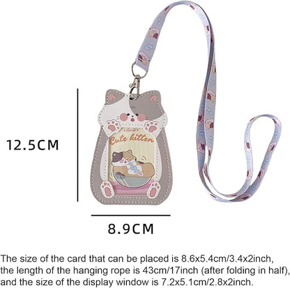 Cute Cat Badge Holder Lanyard Cartoon Kitten ID Card Holder Kawaii ID Badge Keys Lanyard Strap Neck Lanyard PU Leather Badge Holder for Women Girls Boys (Cat-2)