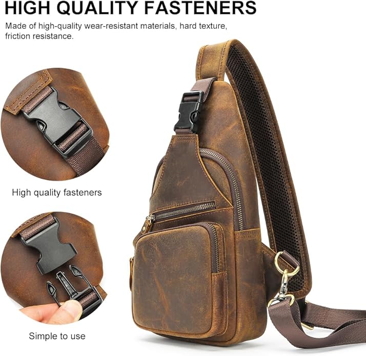 NIUCUNZH Genuine Leather Sling Bag Front Metal-Latch Crossbody Bags Handmade Vintage Chest Shoulder Backpack for Women Men