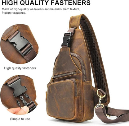 NIUCUNZH Genuine Leather Sling Bag Front Metal-Latch Crossbody Bags Handmade Vintage Chest Shoulder Backpack for Women Men