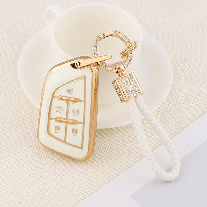 PIFOOG for Cadillac Key Fob Cover CT5 CT4 CT4-V Accessories 5 Buttons Soft TPU Car Smart Keys Shell Case Protector Full Covers Bling Keychain Lanyard Girly Women Cute White Gold