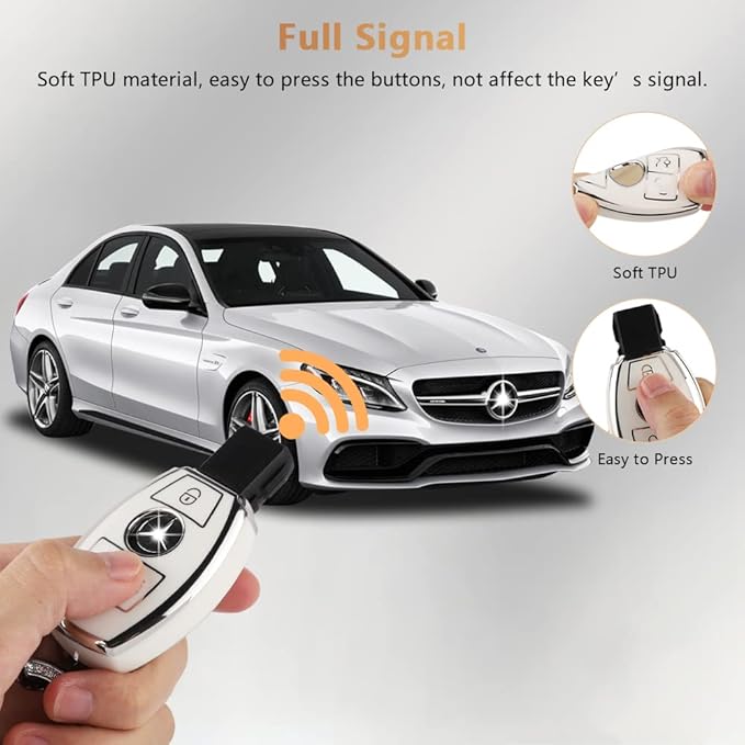 PIFOOG for Mercedes Key Fob Cover 3 Buttons Soft TPU Keys Protector Bling Keychain for Mercedes Benz C E M S CLS CLA GLK GLA GLC GLE AMG Class Girly Cute White Silver