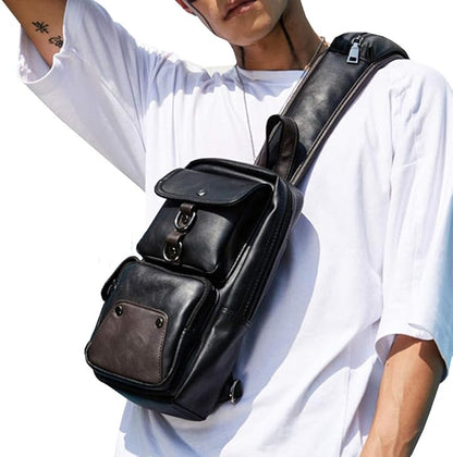 Hebetag Leather Sling Bag Crossbody Backpack for Men Women Travel Outdoor Camping