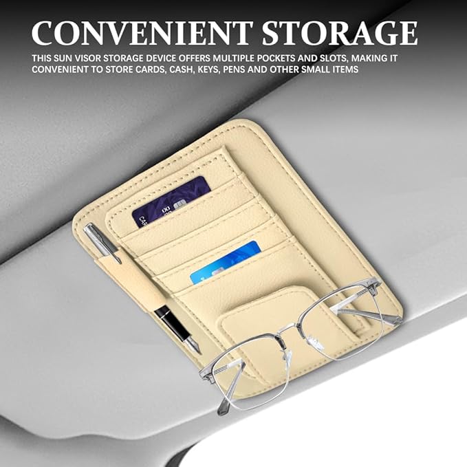 Small Leather Sun Visor Organizer, Visor Accessories, Multi-Pocket Sunvisor Storage with Sunglass Holder, Car Organizer for Drving License Card Pen Fits Most Vehicles (Beige)