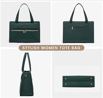 LOVEVOOK Laptop Bag for Women 15.6 Inch Tote Work Professional Leather Computer Briefcase Waterproof Handbag Shoulder Large Capacity Business Teacher Office Crossbody Purse, 131# Dark Green
