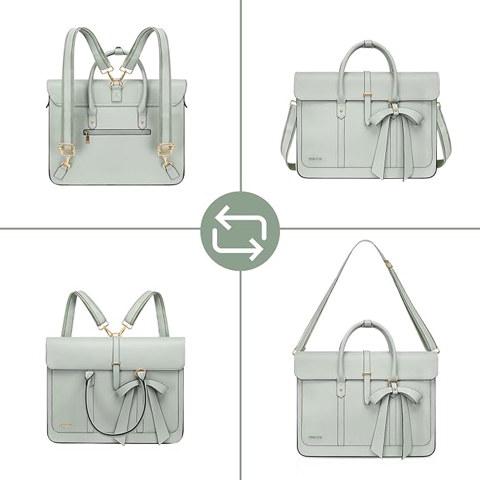 MOSISO Laptop Bag for Women, 17 inch PU Leather Laptop Shoulder Bags Convertible Backpack, 17.3 inch Messenger Bags Casual Handbag Work Briefcase Travel Computer Bag with Bowknot, Sage Green