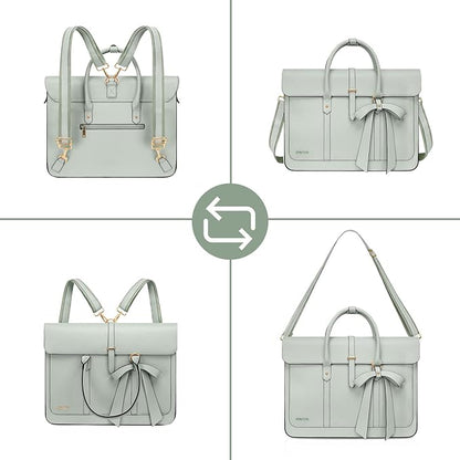 MOSISO Laptop Bag for Women, 13-14 inch PU Leather Laptop Shoulder Bags Convertible Backpack, 13.3 inch Messenger Bags Casual Handbag Work Briefcase Travel Computer Bag with Bowknot, Sage Green