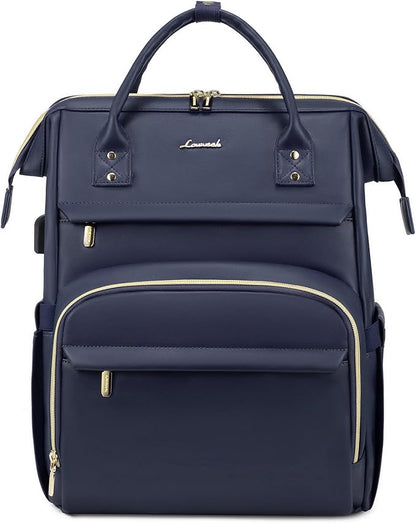 LOVEVOOK Leather Laptop Backpack for Women 15.6 inch,Travel Backpack Purse Nurse Teacher Backpack Computer Laptop Bag,Professional College Business Work Bag Carry On Backpacks with USB Port,Dark Blue