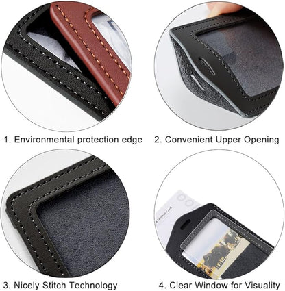 Larpur Pack of 2 Genuine Leather Badge Holders, Vertical ID Card Holders with 1 Clear ID Window for Work, School, Office