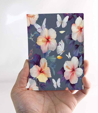 Art Floral Passport Holder for Travel White Flowers and Butterflies Blue PU Leather Passport Cover Wallet Cute Passport Card Holder for Women and Men