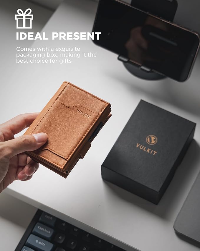 VULKIT Airtag Wallet with Keyring Mens Pop up Credit Card Wallet Compatiable with Air Tag Holder Trifold ID Window RFID Blocking
