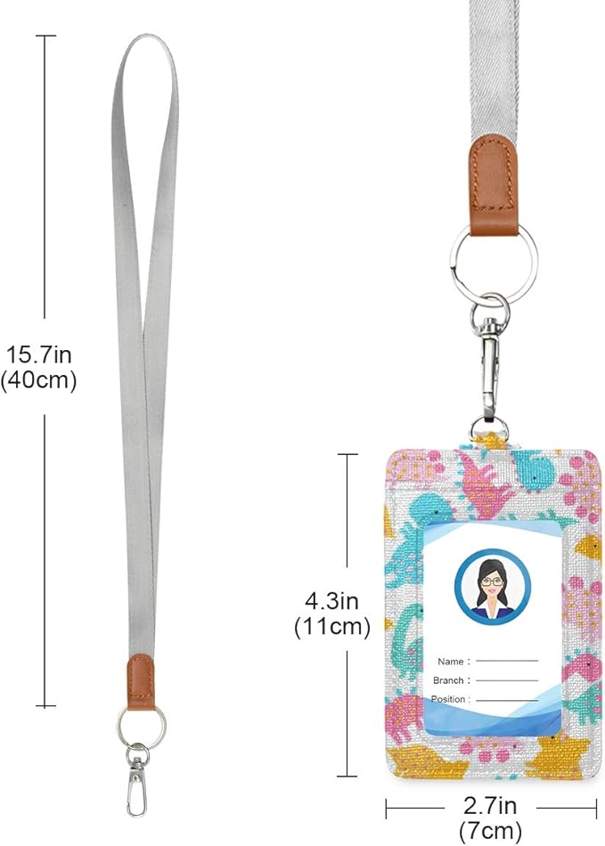 Moudou Dinosaur ID Badge Holder with Lanyard, Vertical Leather ID Badge Card Holder for Office Staff, School Teacher and Student