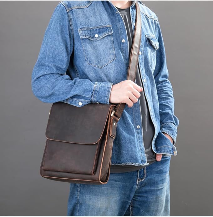 Genuine Leather Messenger Bags Mens Shoulder Crossbody purse Work Business Vintage lager Capacity