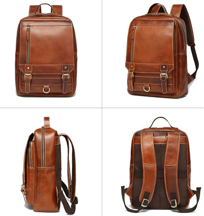 LANNSYNE Vintage Genuine Leather Backpack For Men Fits up to 15" Laptop Travel Hiking Rucksack