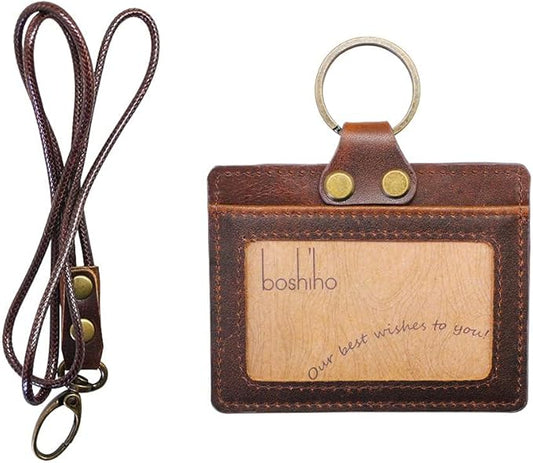 Badge Holder: Boshiho Cowhide Leather ID Badge Card Holder with 19" Neck Lanyard, Horizontal Style (Dark Brown)