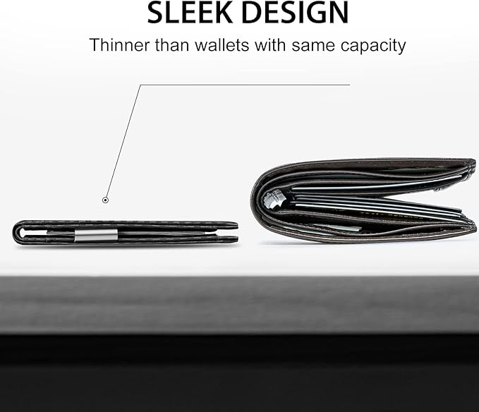 GSOIAX Men's Slim RFID Blocking Leather Wallet with Money Clip | Minimalist Carbon Fiber Bifold Credit Card Holder | 11 Card Slots | Gift Box Included(Carbon Black)