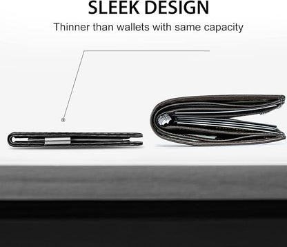 GSOIAX Men's Slim RFID Blocking Leather Wallet with Money Clip | Minimalist Carbon Fiber Bifold Credit Card Holder | 11 Card Slots | Gift Box Included(Carbon Black)