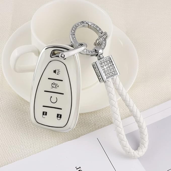 PIFOOG Key Fob Cover for Chvy Keychain Bling White Silver TPU 5 Button Car Keys Case Shell Protector for Equinox Traverse Blazer Trailblazer Malibu Camaro Spark Women Girly