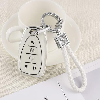 PIFOOG Key Fob Cover for Chvy Keychain Bling White Silver TPU 5 Button Car Keys Case Shell Protector for Equinox Traverse Blazer Trailblazer Malibu Camaro Spark Women Girly