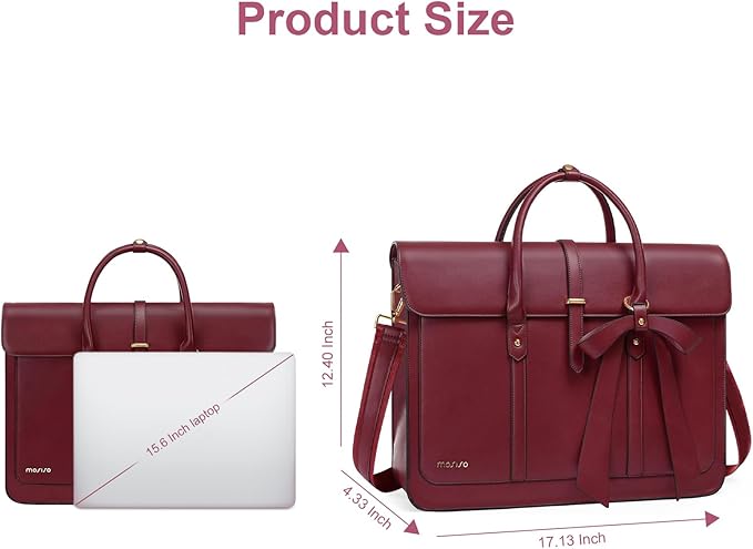 MOSISO Laptop Bag for Women, 15-15.6 inch PU Leather Laptop Shoulder Bags Convertible Backpack, 16 inch Messenger Bags Casual Handbag Work Briefcase Travel Computer Bag with Bowknot, Wine Red