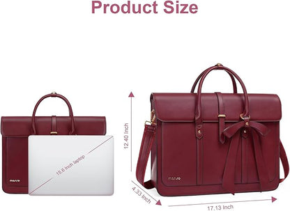 MOSISO Laptop Bag for Women, 15-15.6 inch PU Leather Laptop Shoulder Bags Convertible Backpack, 16 inch Messenger Bags Casual Handbag Work Briefcase Travel Computer Bag with Bowknot, Wine Red