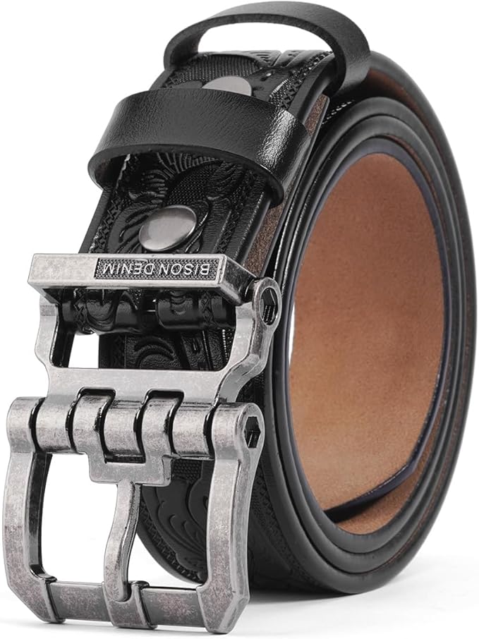 BISON DENIM Men's Genuine Leather Casual Belt, Classic Western Cowboy Dress Belts