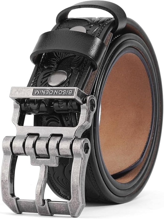 BISON DENIM Men's Genuine Leather Casual Belt, Classic Western Cowboy Dress Belts