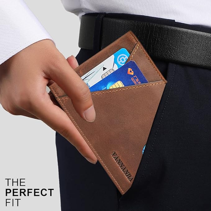 VANNANBA Real Leather Wallets for Men - Minimalist Wallet for Men with ID Window - RFID Blocking Slim Bifold Front Pocket Wallets with Gift Box(Vintage Brown)
