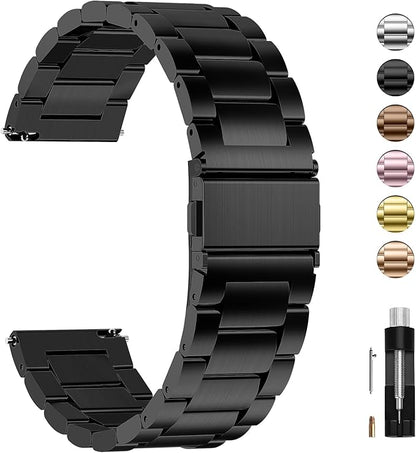 Fullmosa 18mm Stainless Steel Watch Band, Quick Release Metal Replacement Strap with Removable Links, Includes Spring Bars & Link Removal Tool for Men Women (Black)