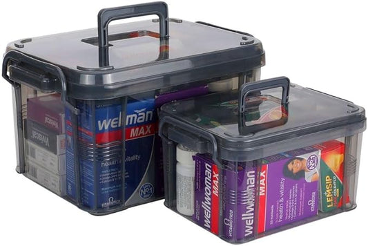 HEY FOLY 15qt Medicine Organizer Storage Box with Tray, Set of 2 Plastic First Aid Box Empty, Thickened Medicine Container Chest, Multipurpose Medical Case with Labels, Grey Medicine Caddy